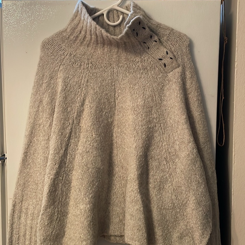 Free People FP One Size Small Ivory Gray High Neck Button Scarlett Tunic Sweater - Picture 2 of 11
